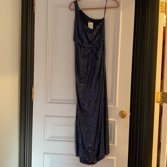 David Meister Navy Sequin One Shoulder Sultry Gown - Picture 6 of 11